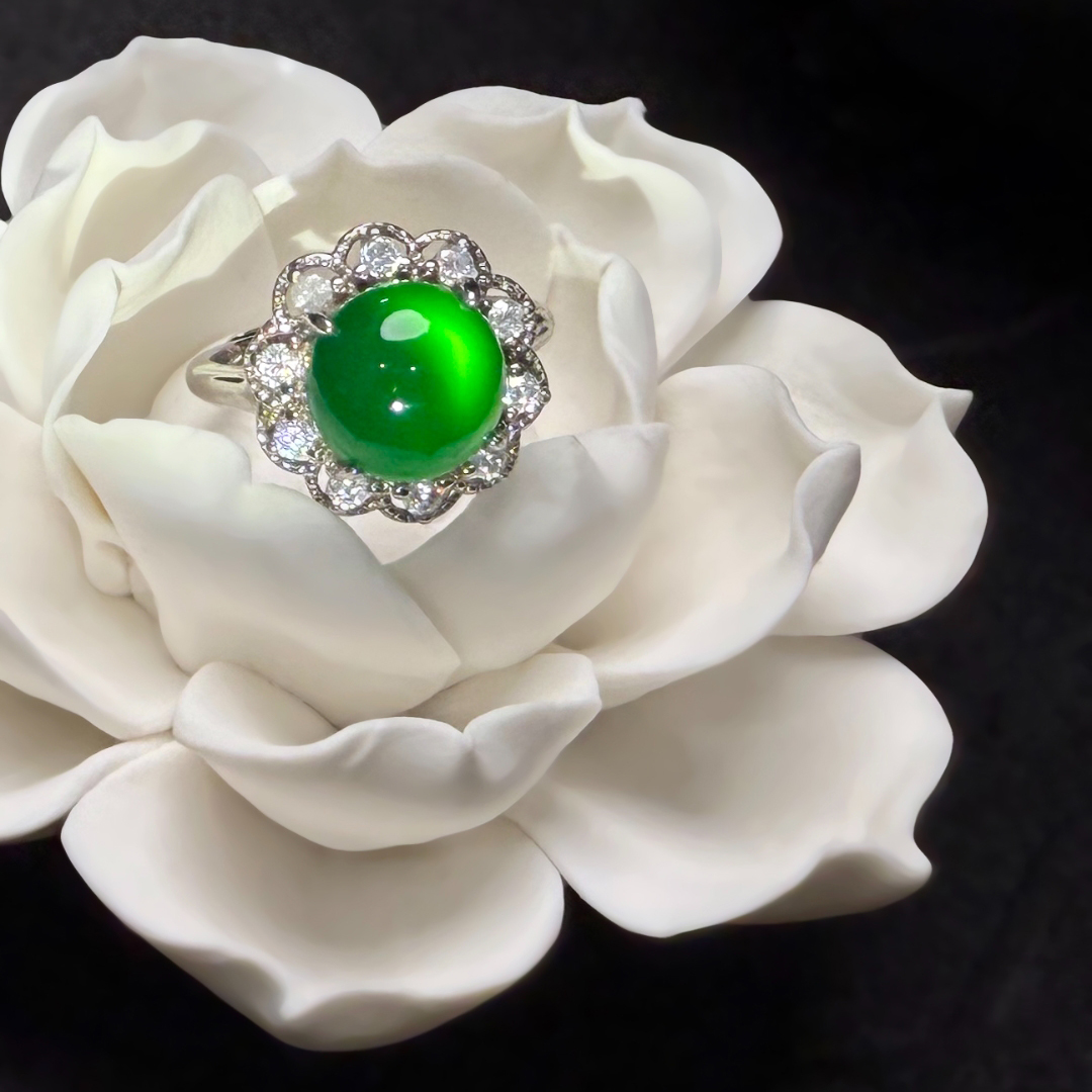 [祥瑞灵境]蛋面戒指入是今珠宝0033马料绿玉髓蛋面戒指925银镶嵌简约大气百搭国风新中式