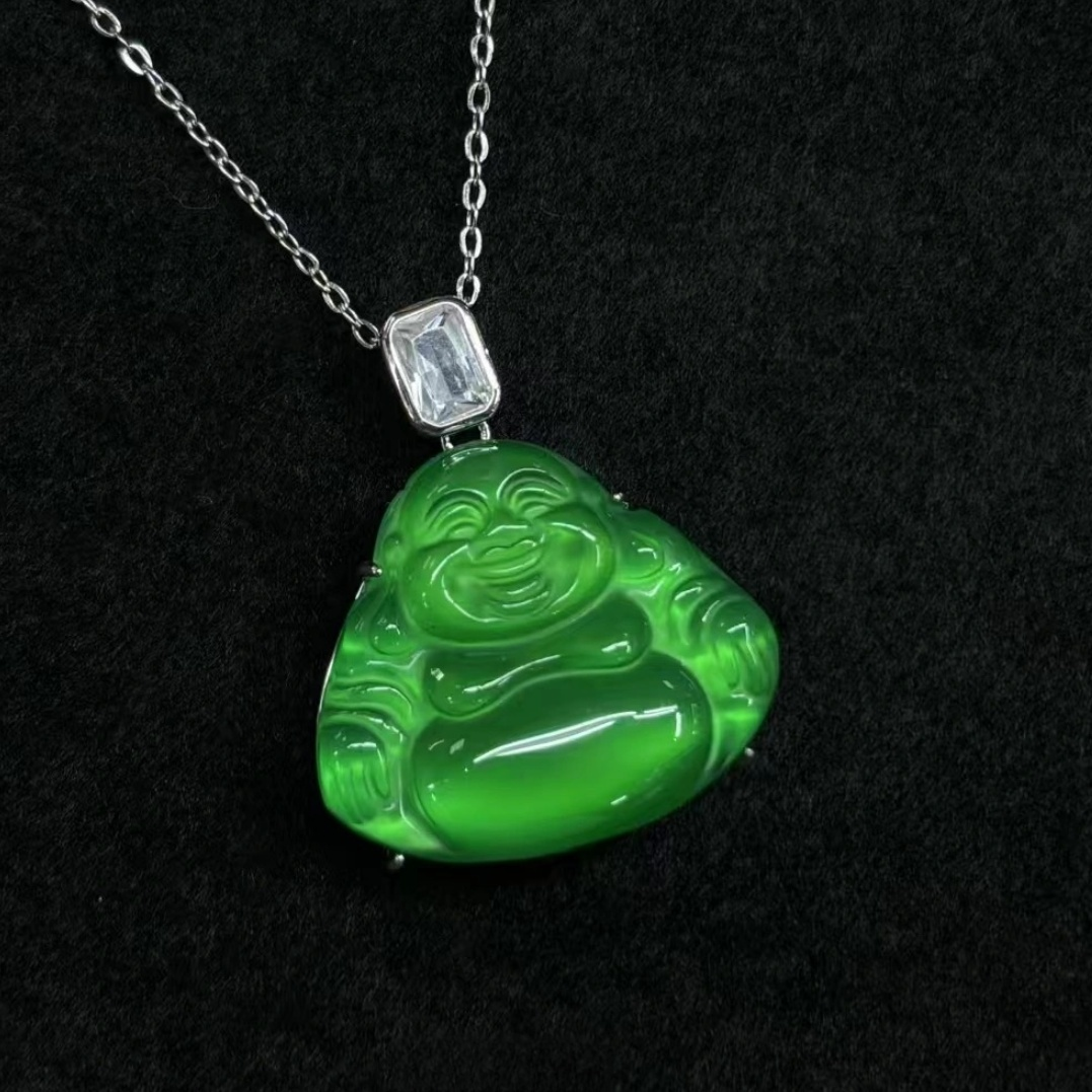 [能量佛]入是今珠宝0092马料绿玉髓吊坠925银镶嵌国风新中式